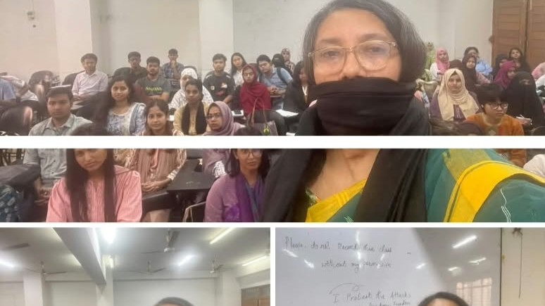 ভিন্নমতের শিক্ষকদের হেনস্তার প্রতিবাদে ক্লাসরুমে মুখে কালো কাপড় বাঁধলেন অধ্যাপক সামিনা লুৎফা